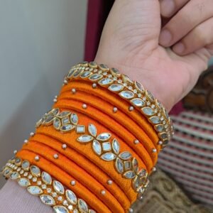 Royal Orange Stone-Studded Silk Thread Bangles
